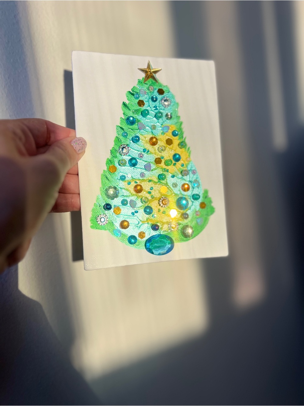 Embellished Green & Teal Holiday Tree Canvas Aqua & Gold Jeweled Christmas Tree - Picture 5 of 10